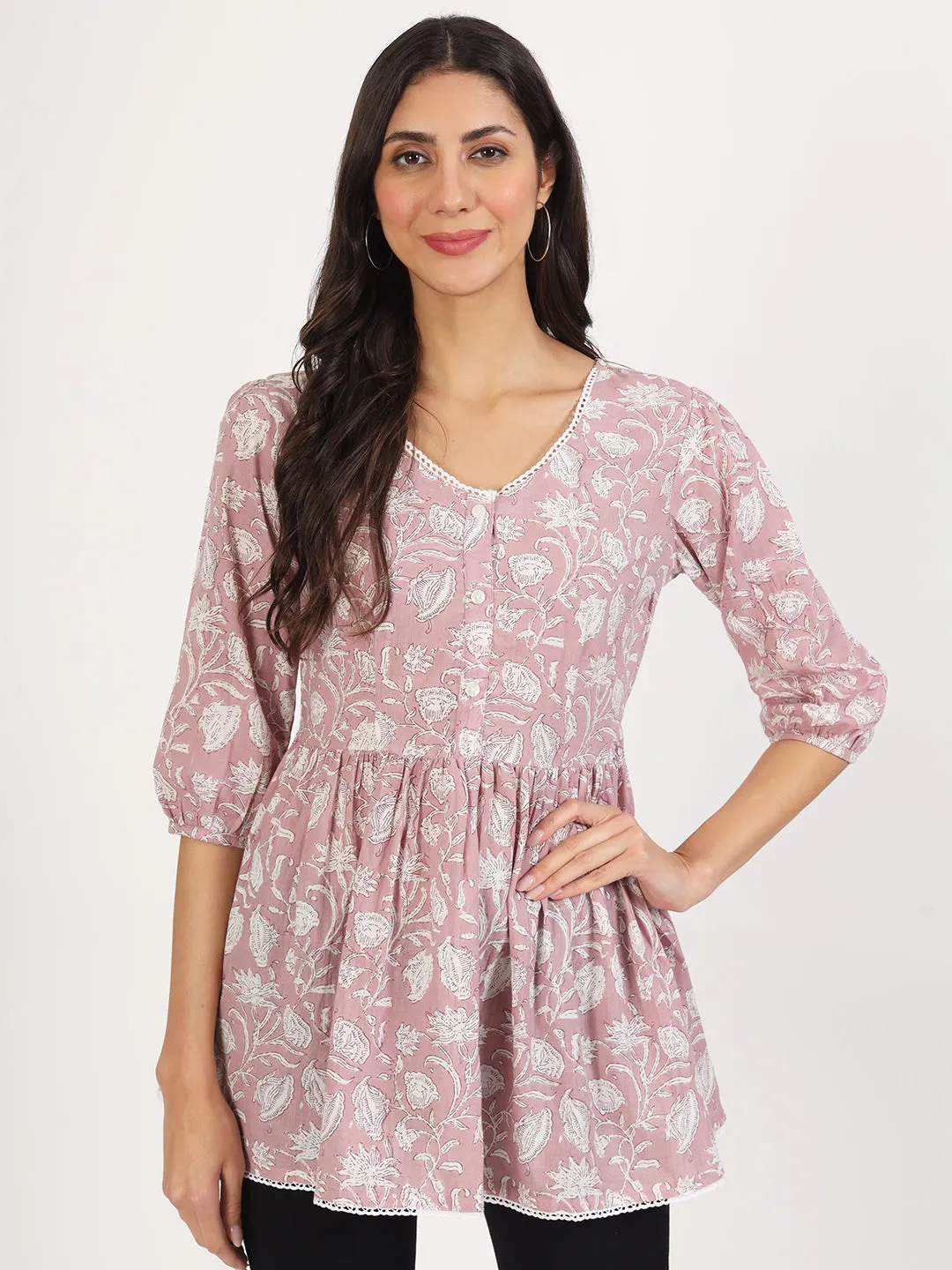 Jashvi Pink Floral Printed Cotton Top