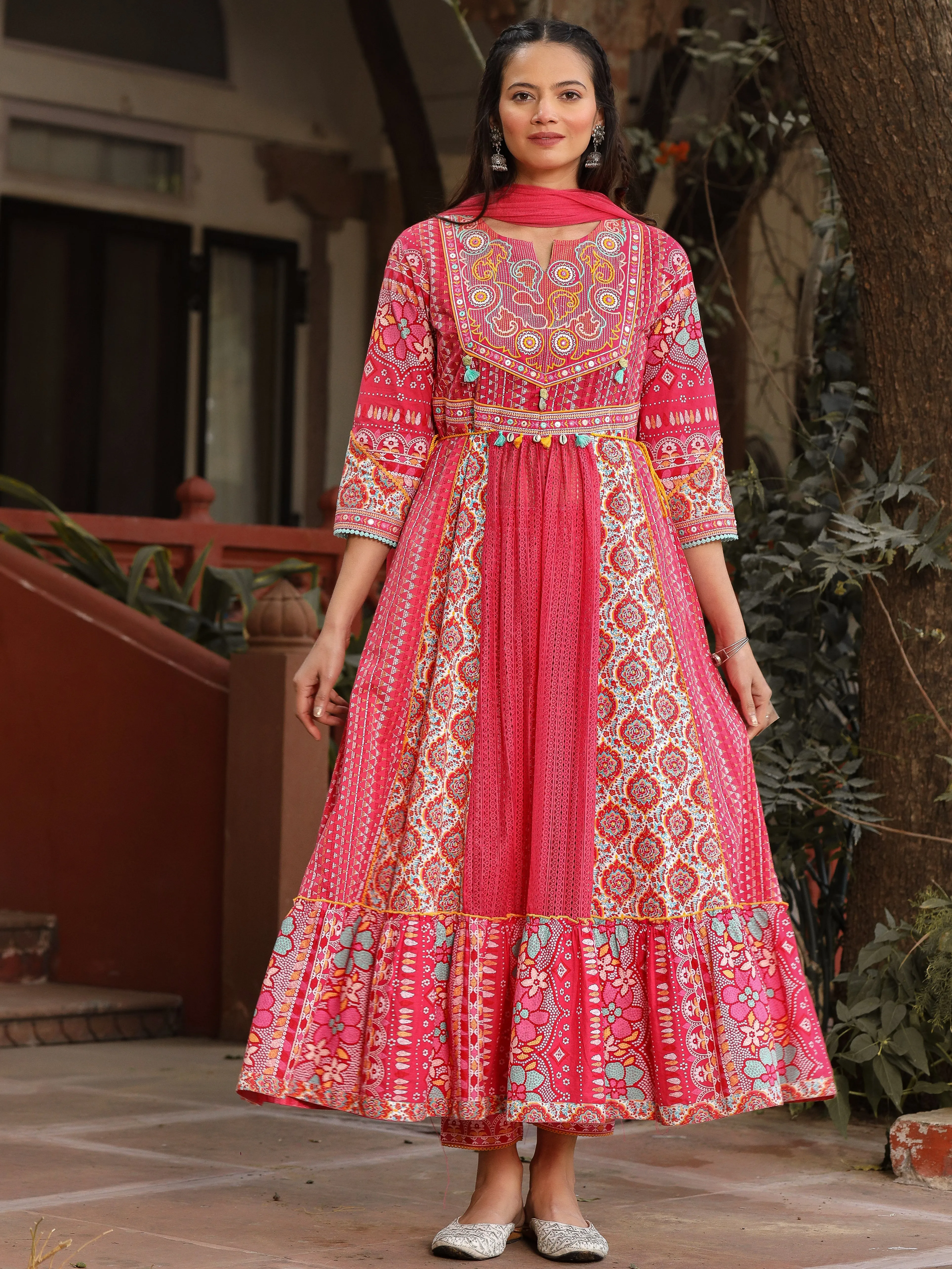 Jashvi Pink Floral Printed Pure Cotton Anarkali Kurta Pants & Dupatta Set With Thread Work