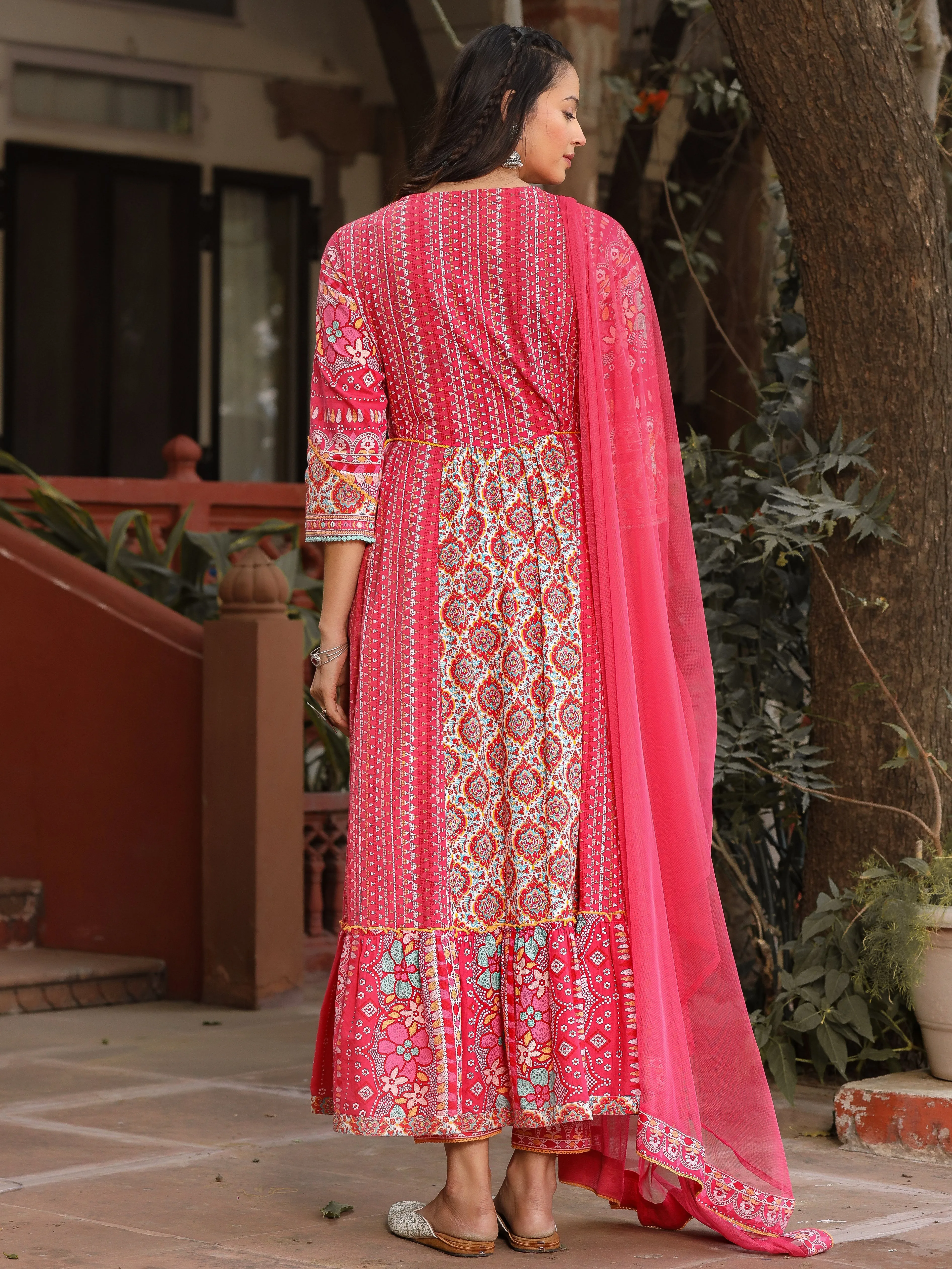 Jashvi Pink Floral Printed Pure Cotton Anarkali Kurta Pants & Dupatta Set With Thread Work