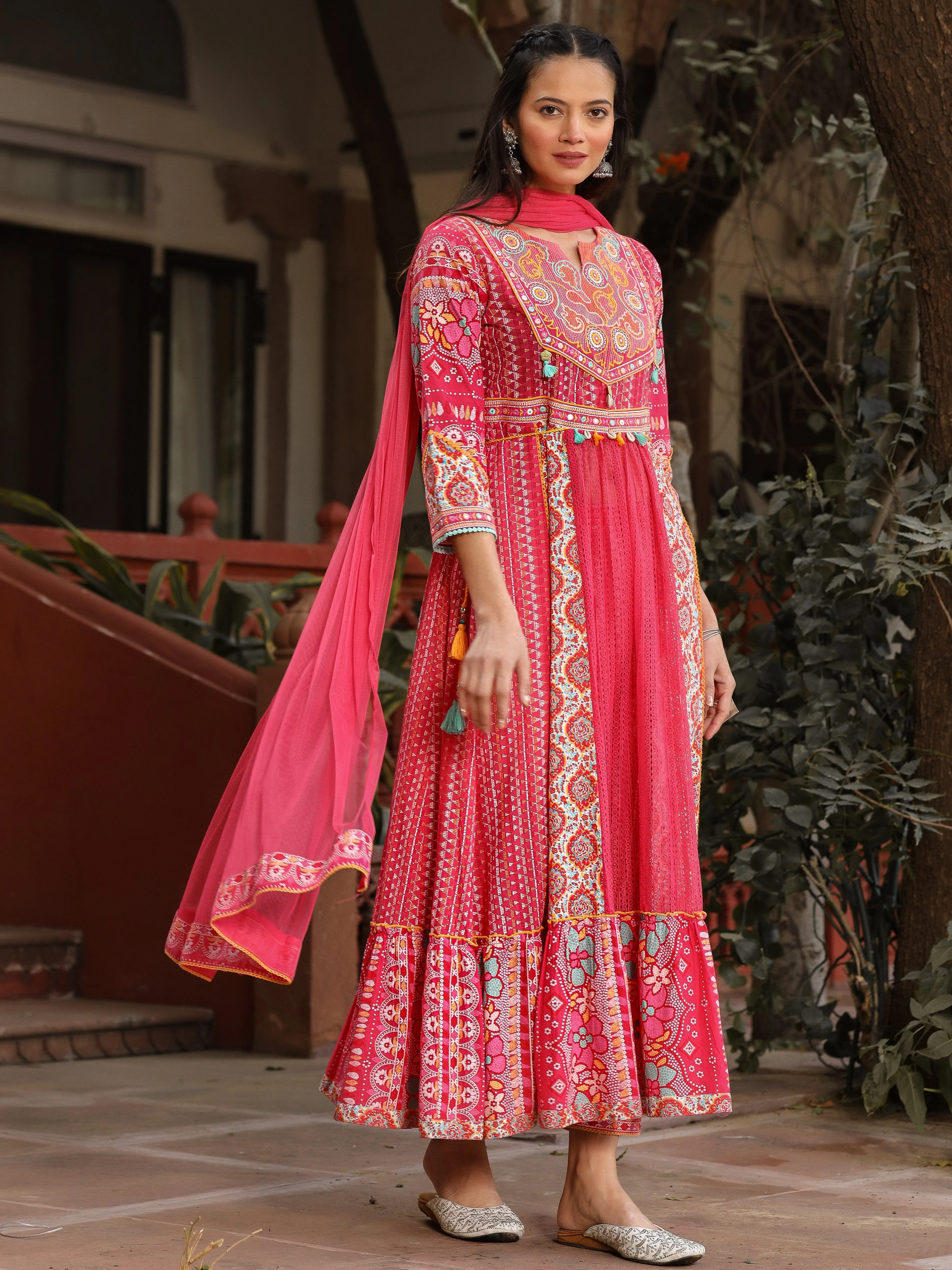 Jashvi Pink Floral Printed Pure Cotton Anarkali Kurta Pants & Dupatta Set With Thread Work