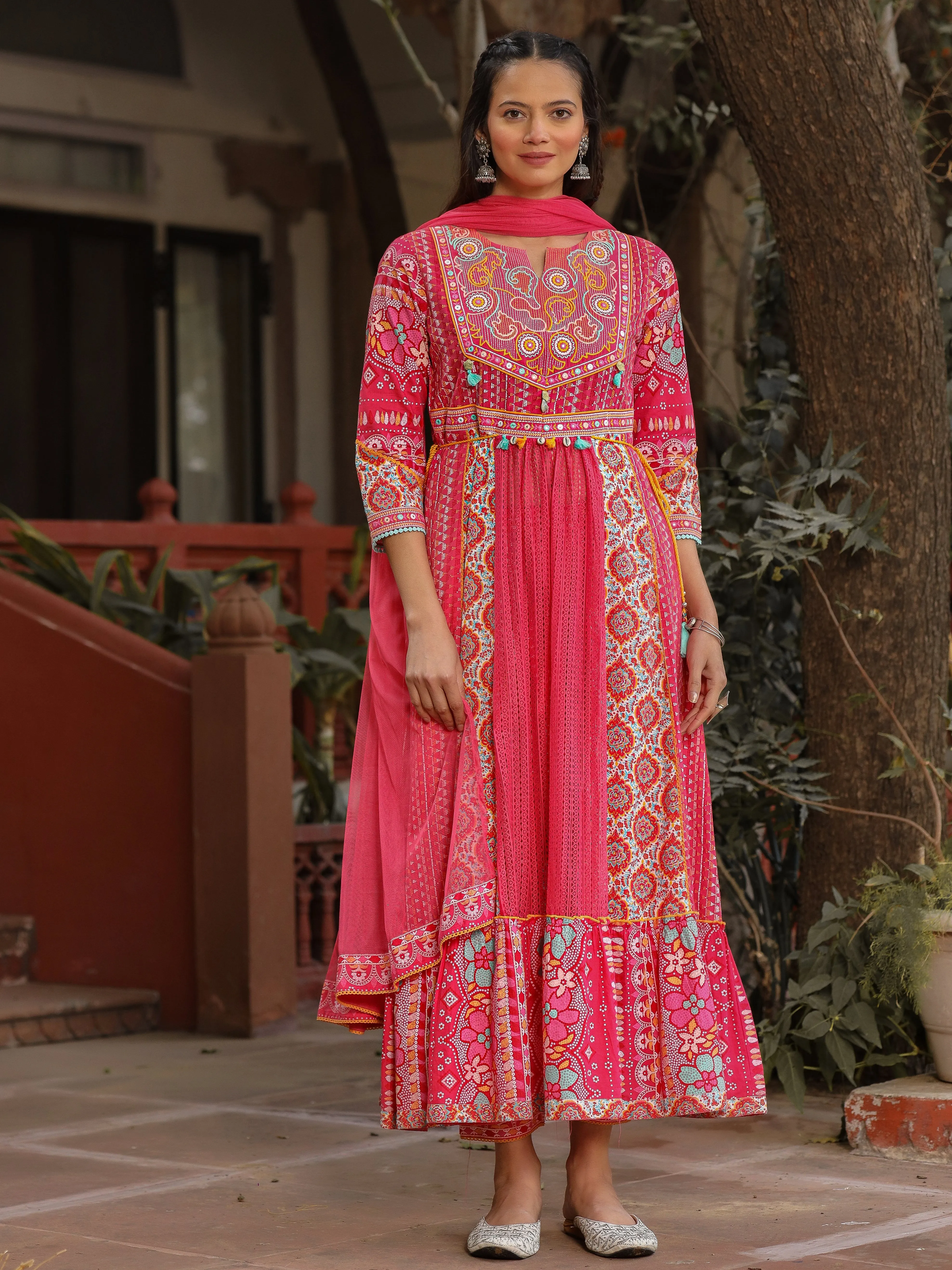 Jashvi Pink Floral Printed Pure Cotton Anarkali Kurta Pants & Dupatta Set With Thread Work