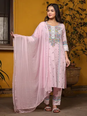 Jashvi Pink Floral printed Pure Cotton Kurta Pants & Dupatta With Lace Work