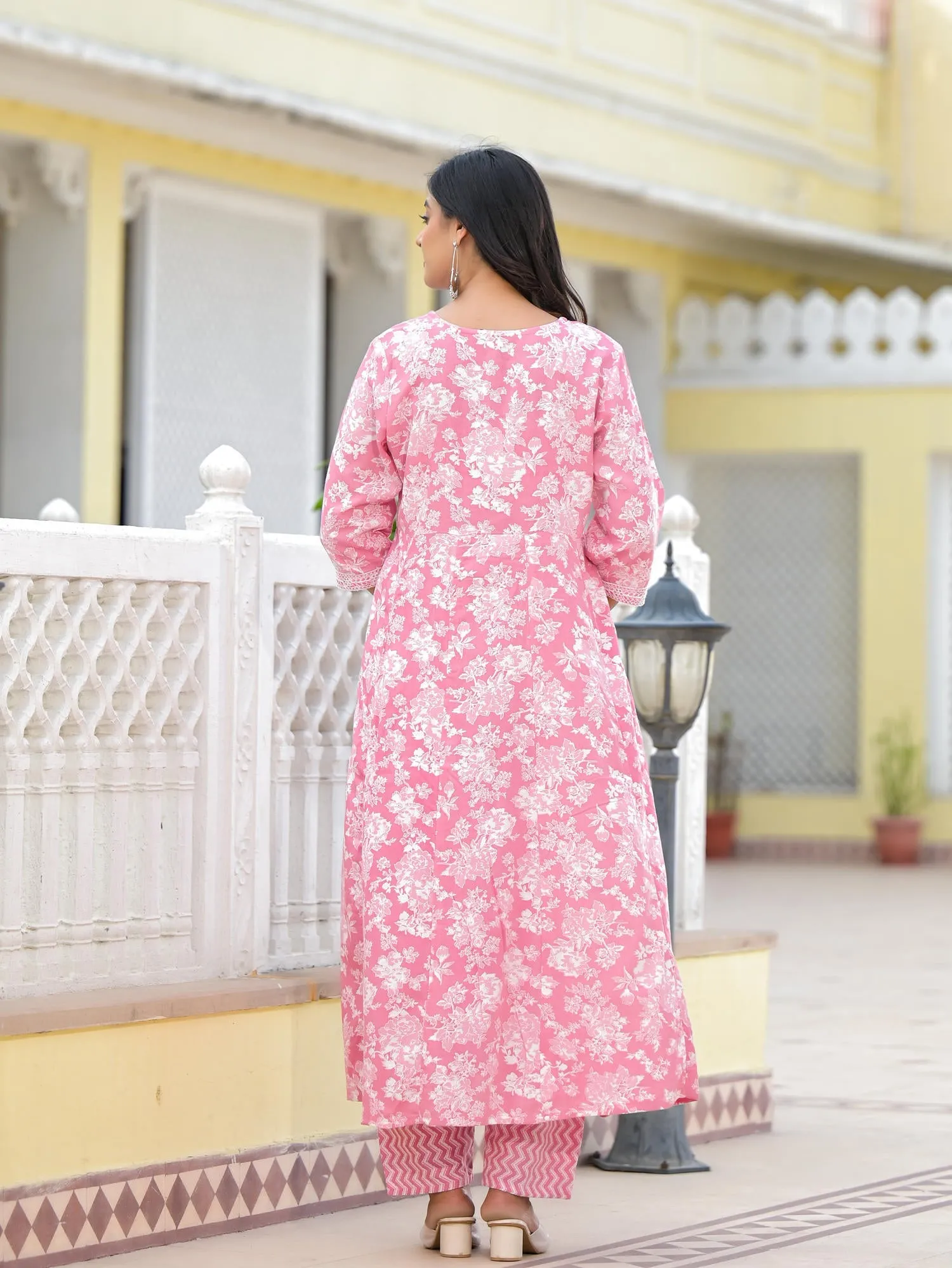 Jashvi Pink Floral Printed Rayon Kurta, Pant And Dupatta Set With Thread & Sequins Work