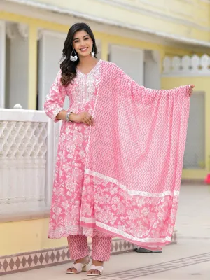 Jashvi Pink Floral Printed Rayon Kurta, Pant And Dupatta Set With Thread & Sequins Work