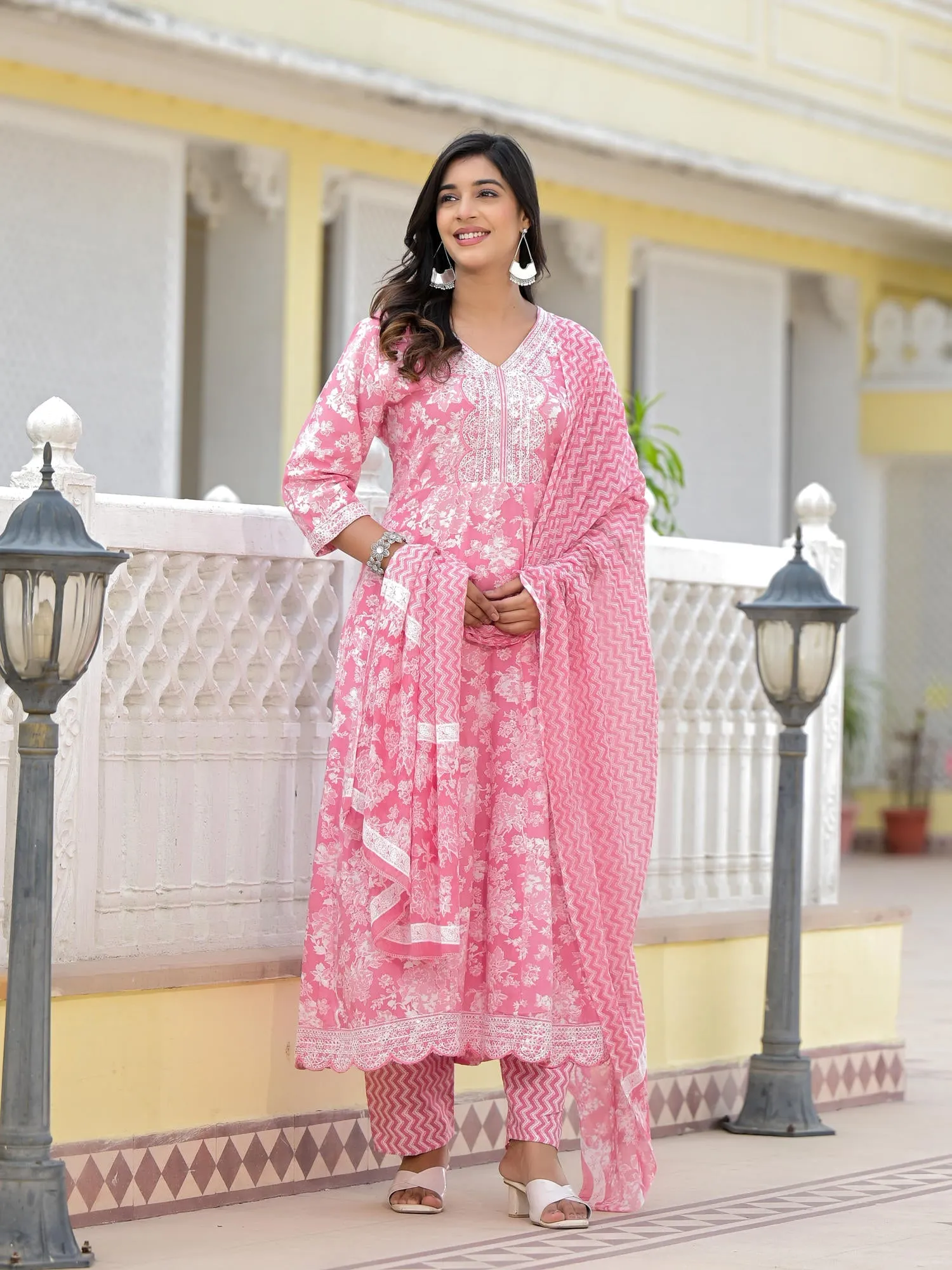 Jashvi Pink Floral Printed Rayon Kurta, Pant And Dupatta Set With Thread & Sequins Work