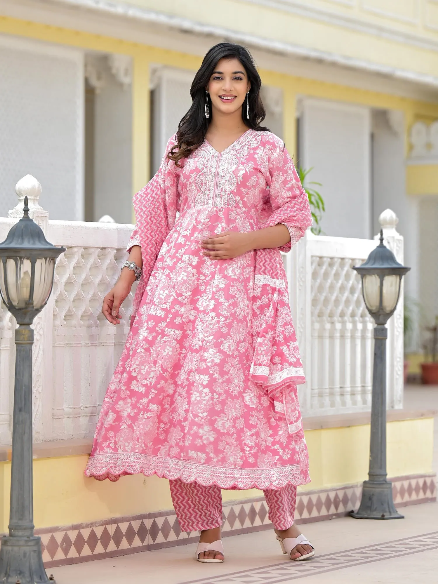 Jashvi Pink Floral Printed Rayon Kurta, Pant And Dupatta Set With Thread & Sequins Work