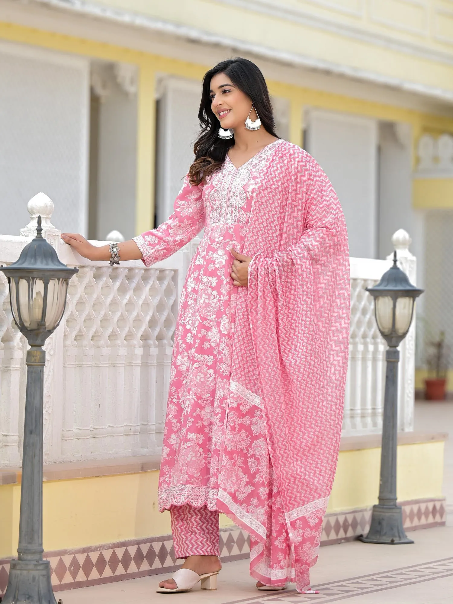 Jashvi Pink Floral Printed Rayon Kurta, Pant And Dupatta Set With Thread & Sequins Work