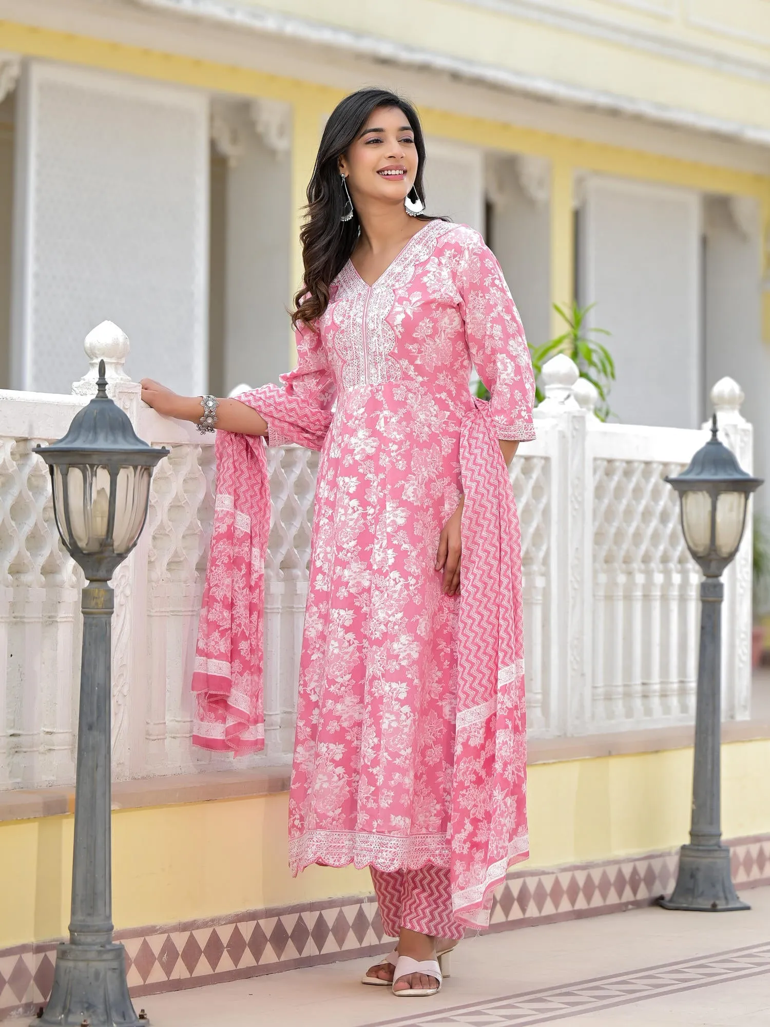 Jashvi Pink Floral Printed Rayon Kurta, Pant And Dupatta Set With Thread & Sequins Work