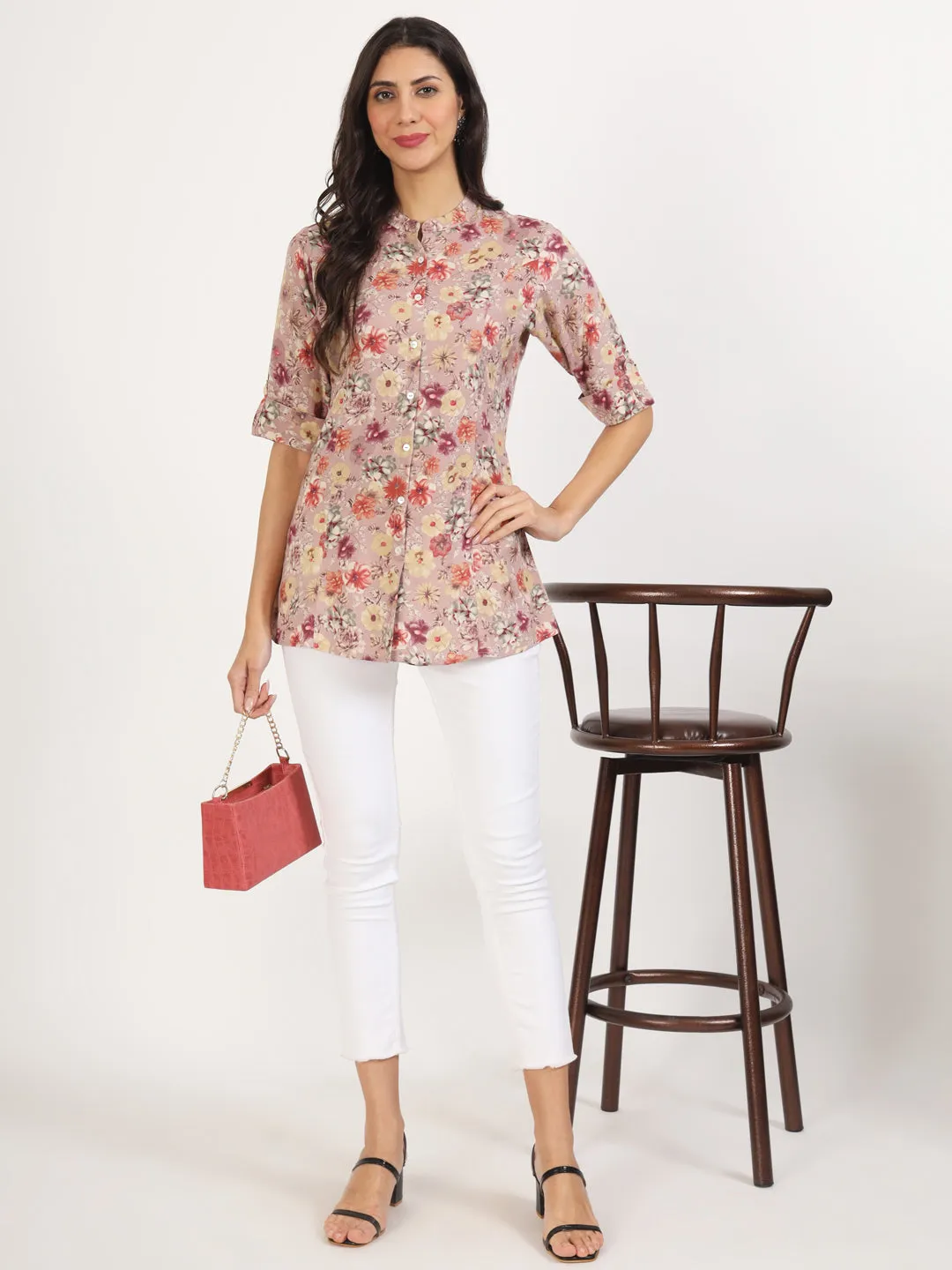 Jashvi Pink Floral Printed Rayon Top