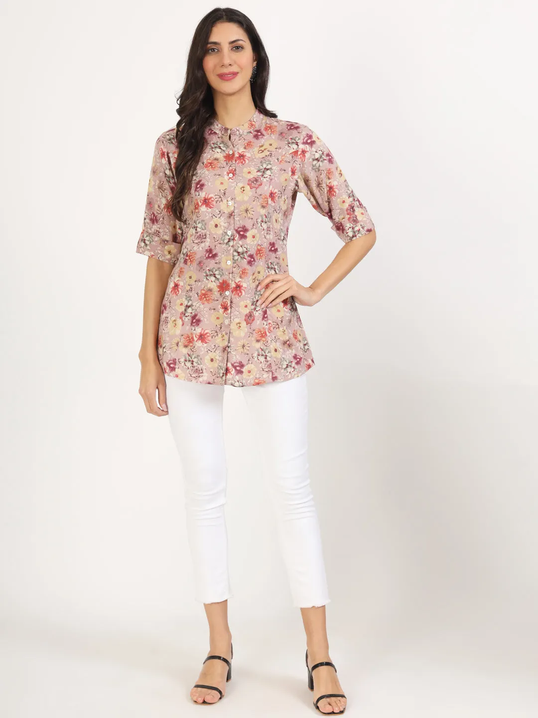 Jashvi Pink Floral Printed Rayon Top