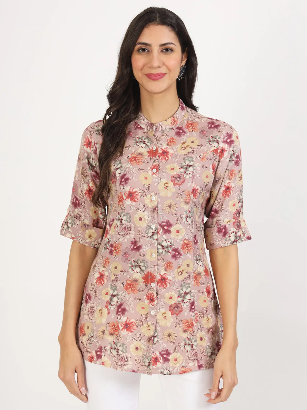 Jashvi Pink Floral Printed Rayon Top