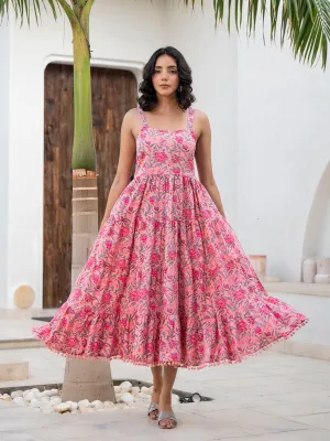 Jashvi Pink Floral Printed Shoulder Strip Calf Long Ethnic Dress for Women