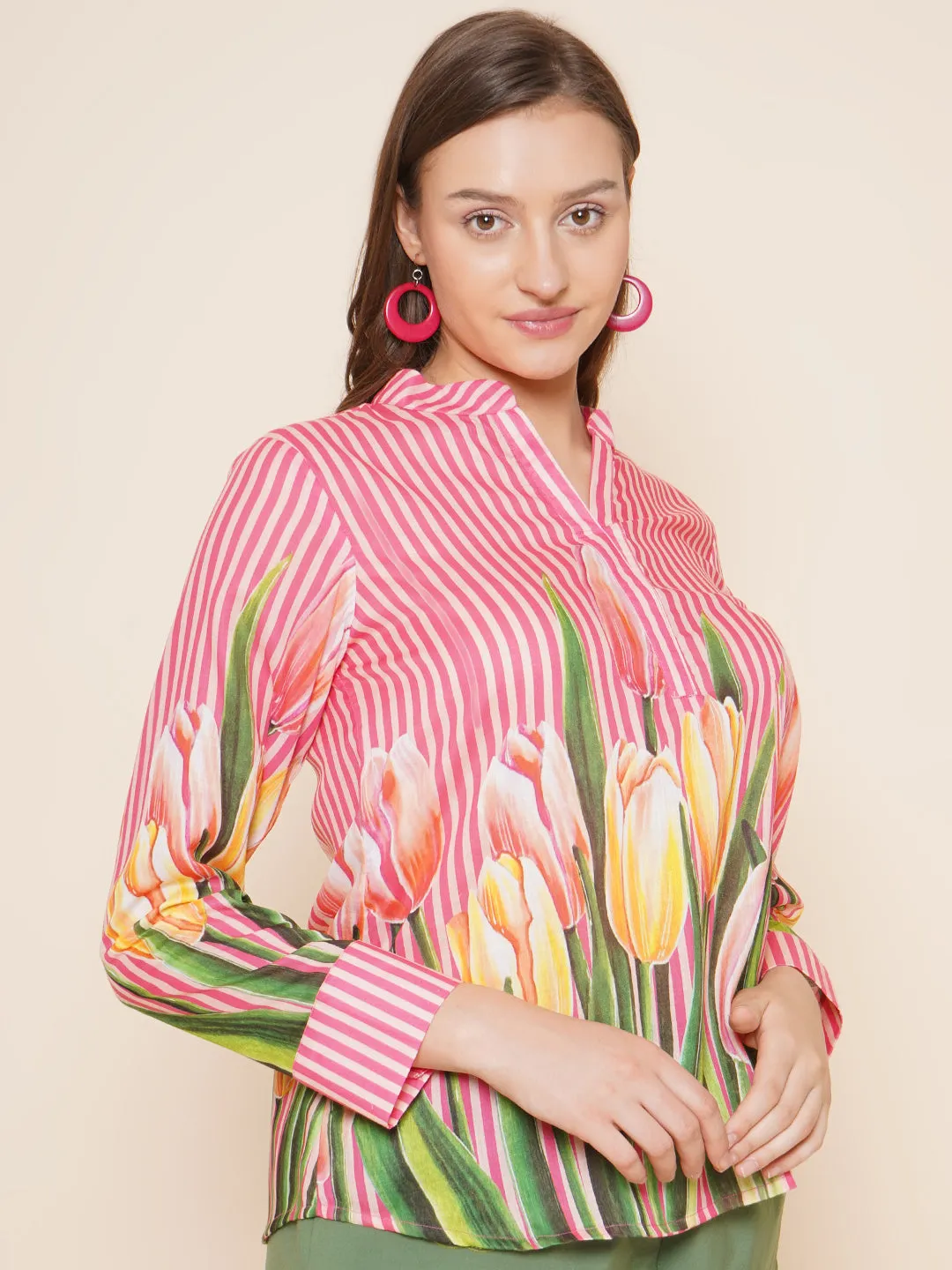 Jashvi Pink Floral With Stripes Printed Top