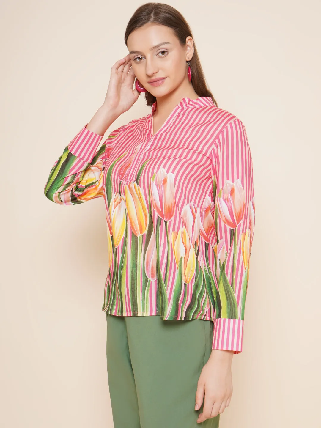 Jashvi Pink Floral With Stripes Printed Top