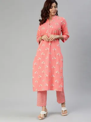 Jashvi Pink Flower Print Cotton Kurta Set