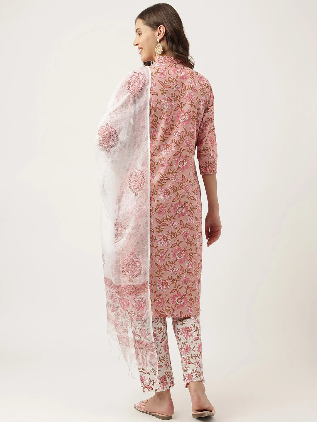 Jashvi Pink hand block Floral Printed Cotton Kurta, trousers with Dupatta Set