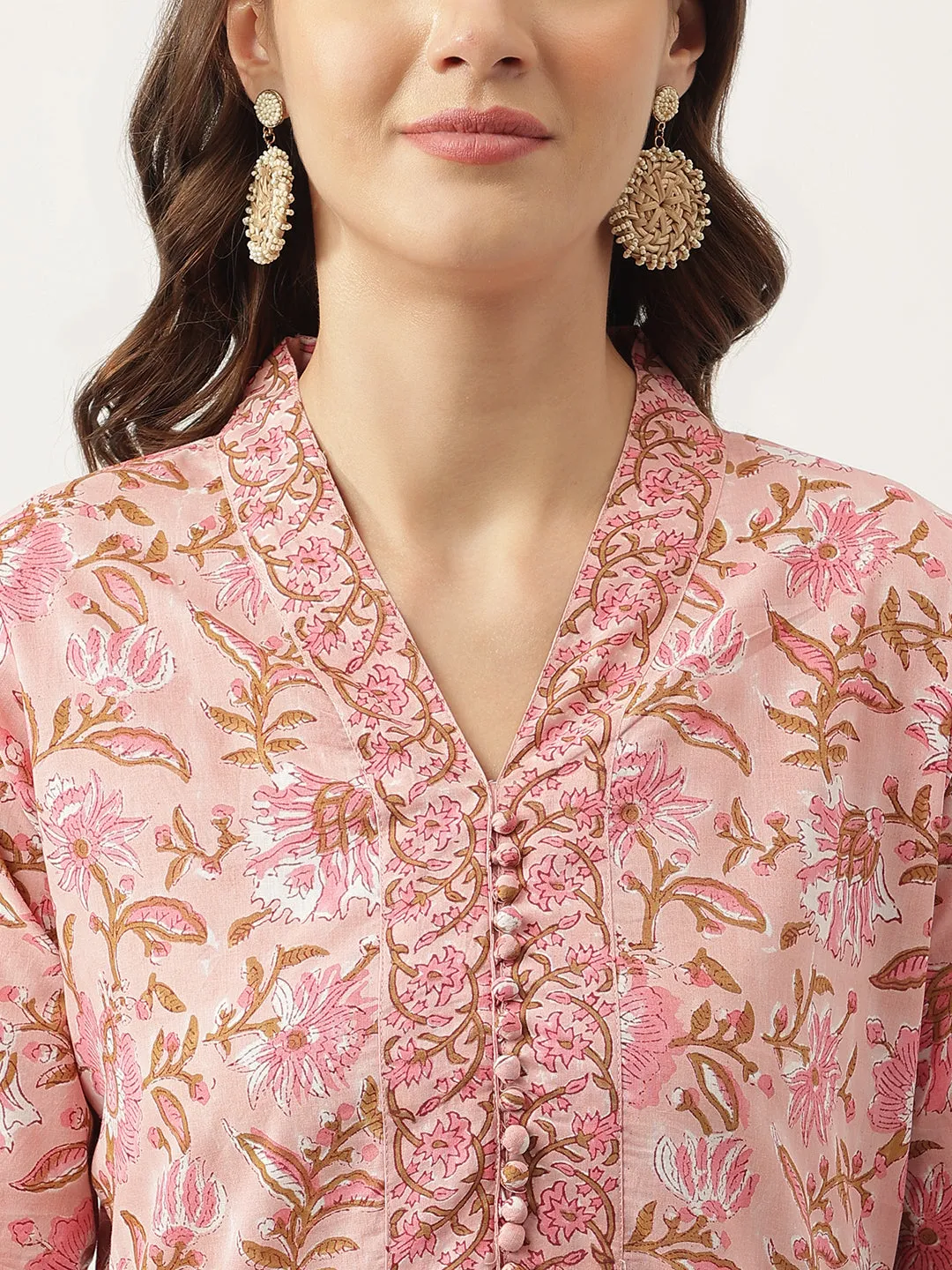 Jashvi Pink hand block Floral Printed Cotton Kurta, trousers with Dupatta Set