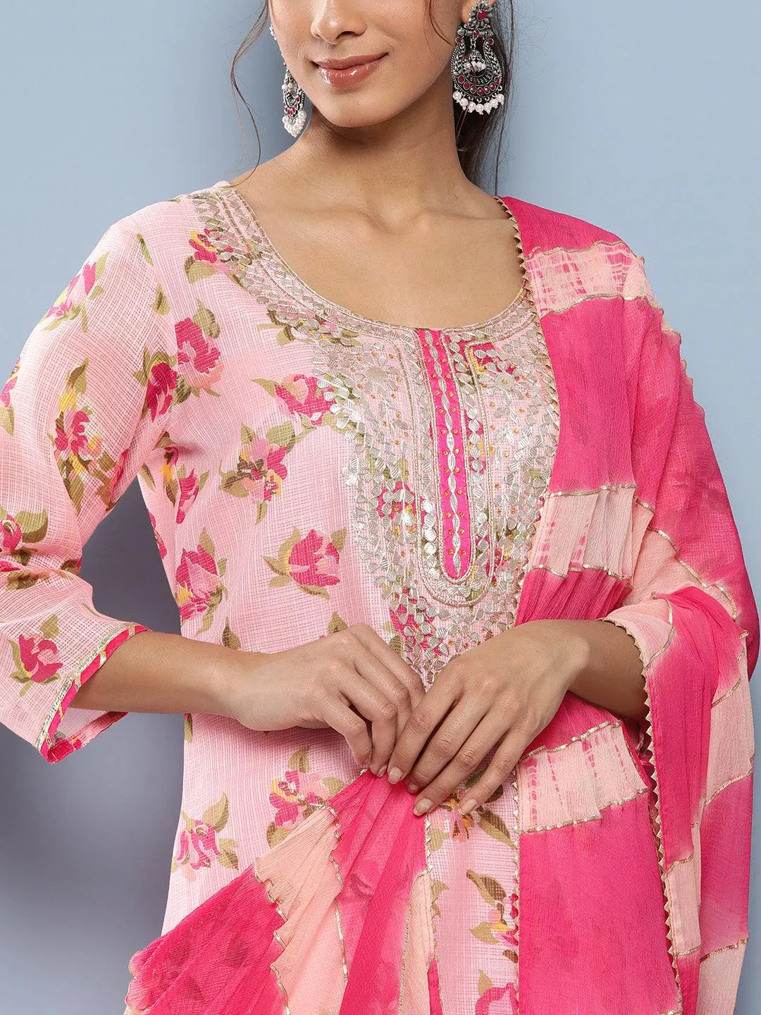 Jashvi Pink Kota Doria Floral Printed Kurta Pant Dupatta Sets