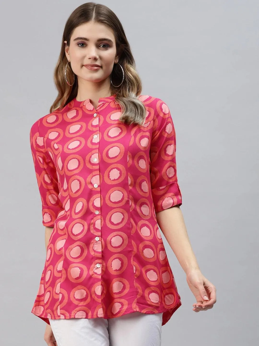 Jashvi Pink Rayon Shirt Style Top