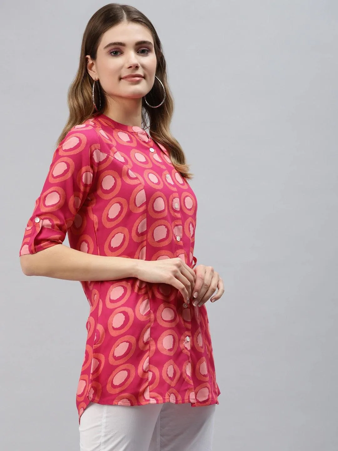 Jashvi Pink Rayon Shirt Style Top