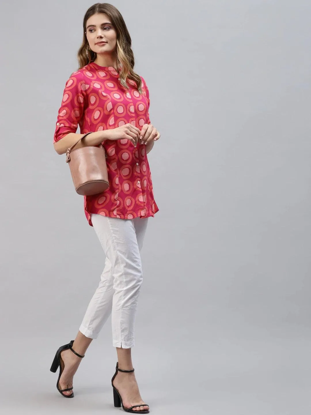 Jashvi Pink Rayon Shirt Style Top