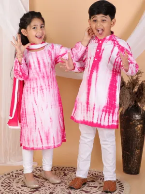 Jashvi Pink Tie And Dye Pattern Cotton Siblings Set