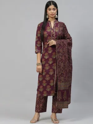 Jashvi Purple Cotton Straight Kurta Pant Set with Dupatta