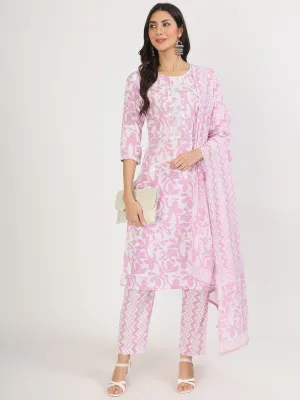 Jashvi Purple Floral Print Cotton Kurta pant with Dupatta set