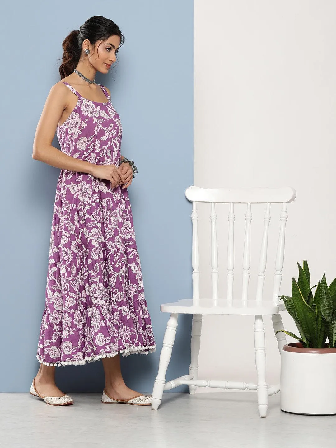 Jashvi Purple Floral Shoulder Strip Long Dress