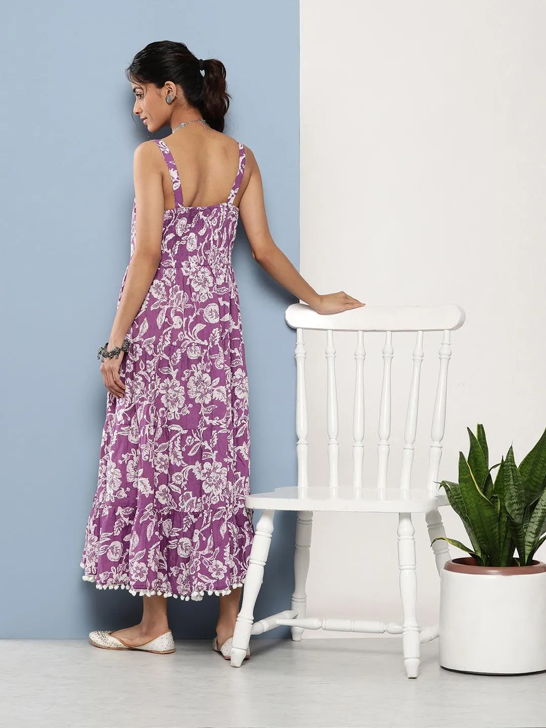 Jashvi Purple Floral Shoulder Strip Long Dress