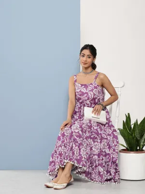 Jashvi Purple Floral Shoulder Strip Long Dress