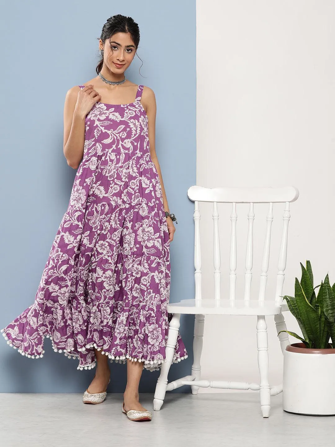 Jashvi Purple Floral Shoulder Strip Long Dress