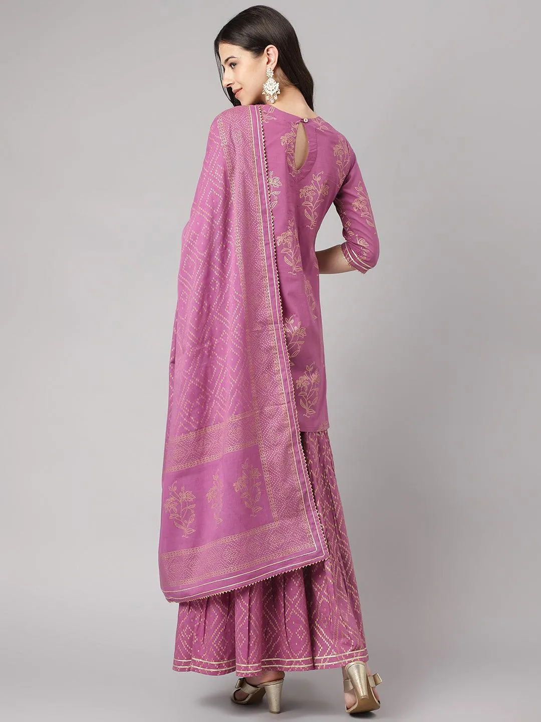 Jashvi Purple Foil Print Cotton Sharara Set with Dupatta