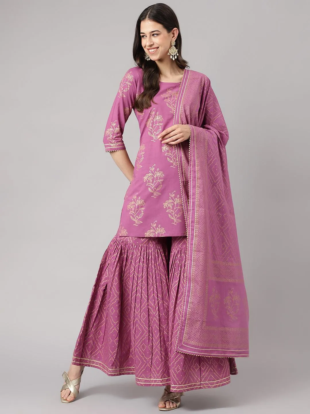 Jashvi Purple Foil Print Cotton Sharara Set with Dupatta