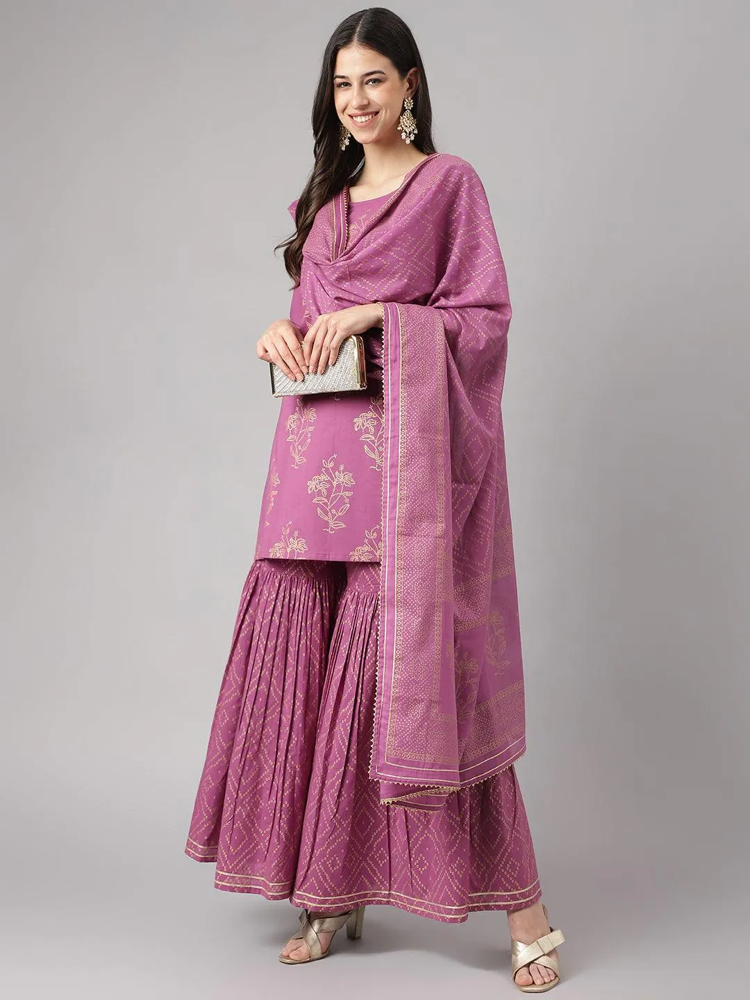 Jashvi Purple Foil Print Cotton Sharara Set with Dupatta