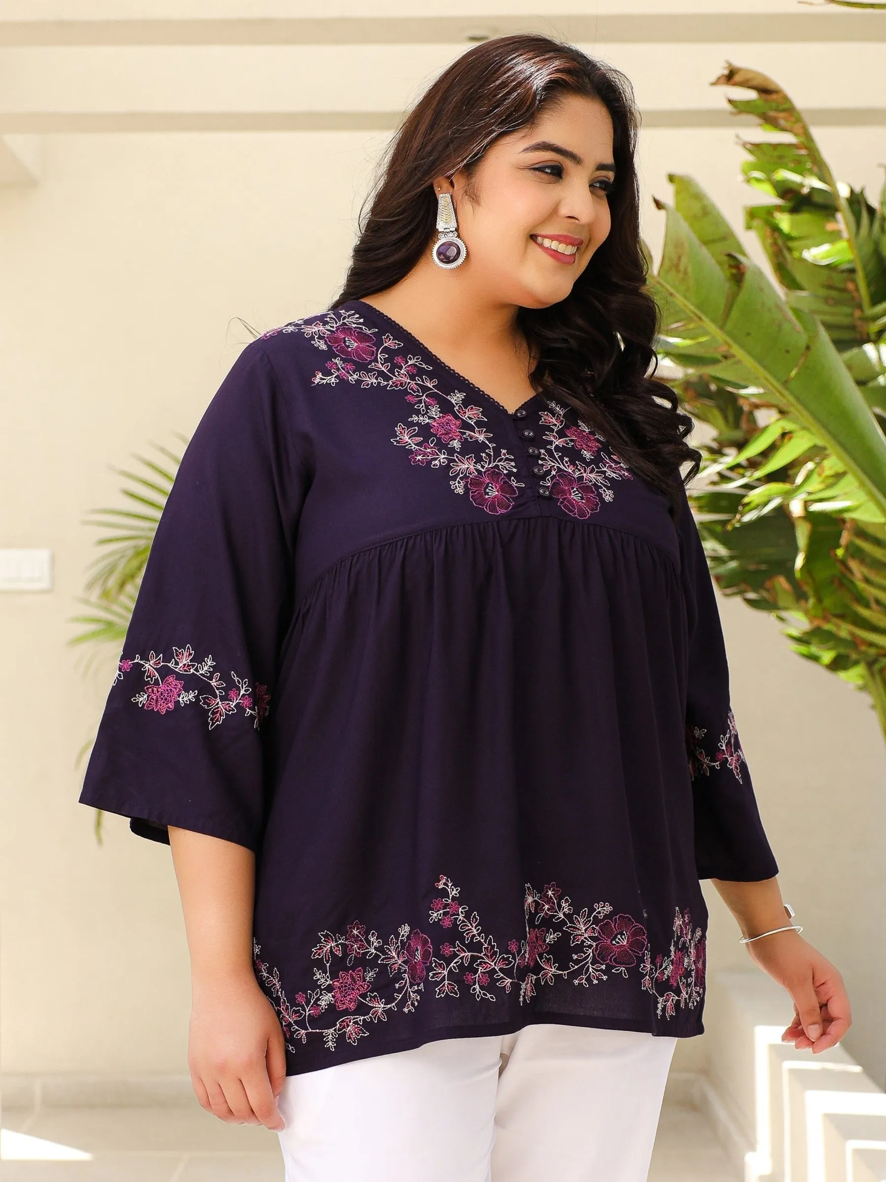 Jashvi Purple Modal Rayon Floral Embroidered Alia Cut Plus Size Tunic