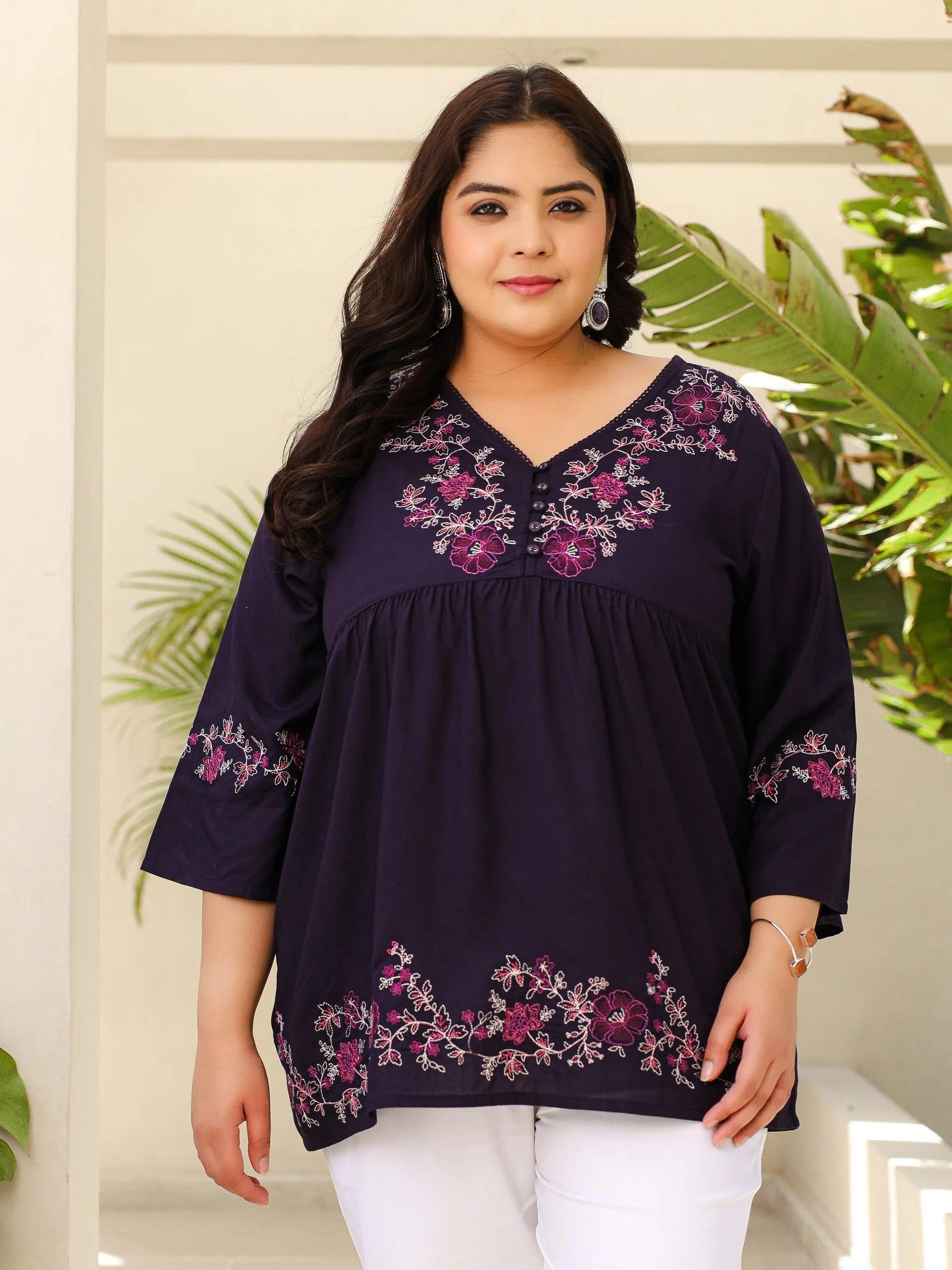 Jashvi Purple Modal Rayon Floral Embroidered Alia Cut Plus Size Tunic