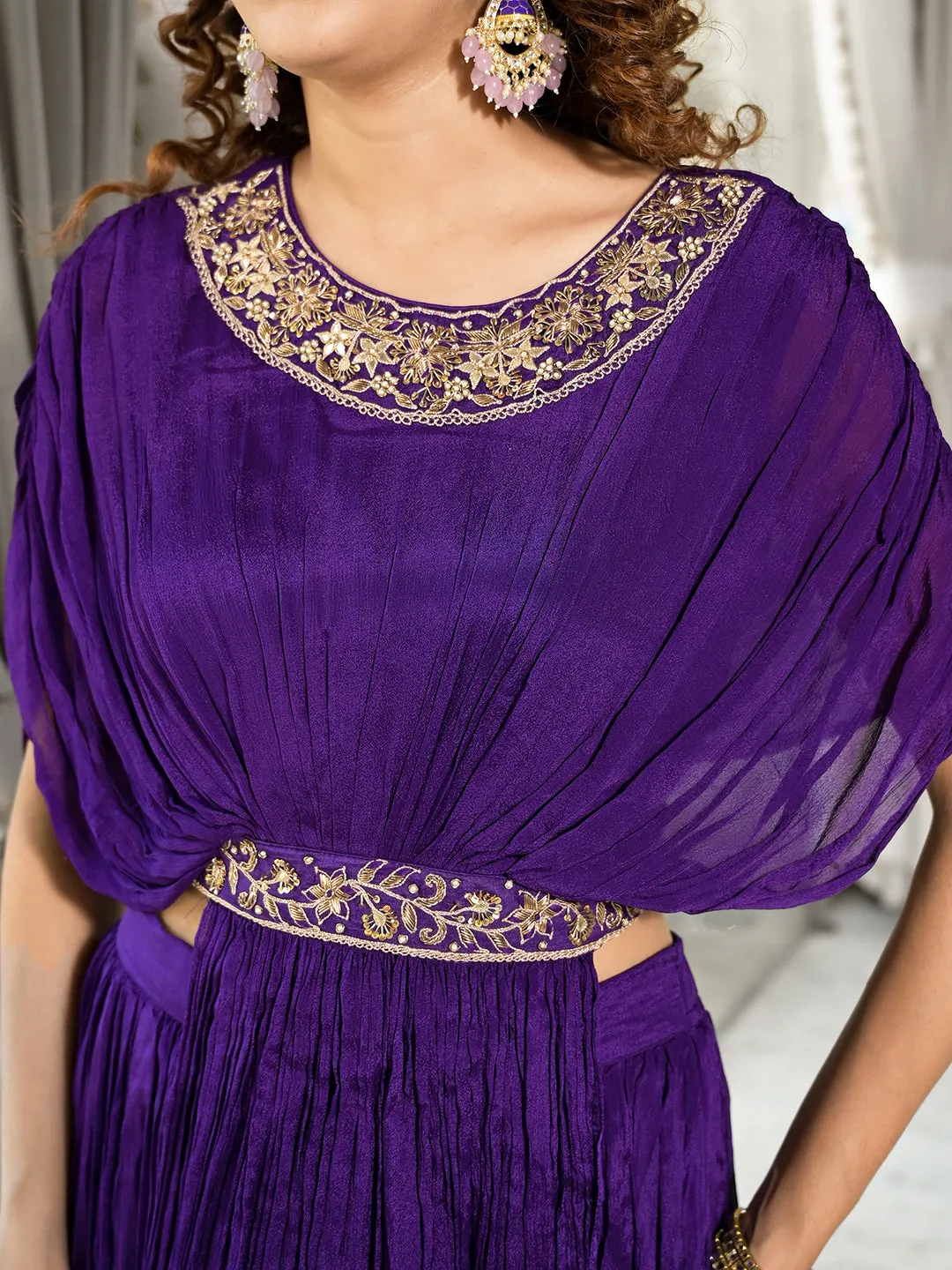 Jashvi Purple Zardozi Work Chinon Fabric Crop Top with Lehenga