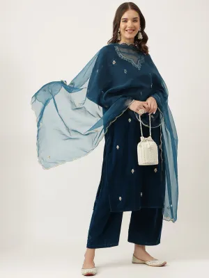 Jashvi Rayol Blue Hand Embroidered Velvet Straight Kurta, trousers with Dupatta Set