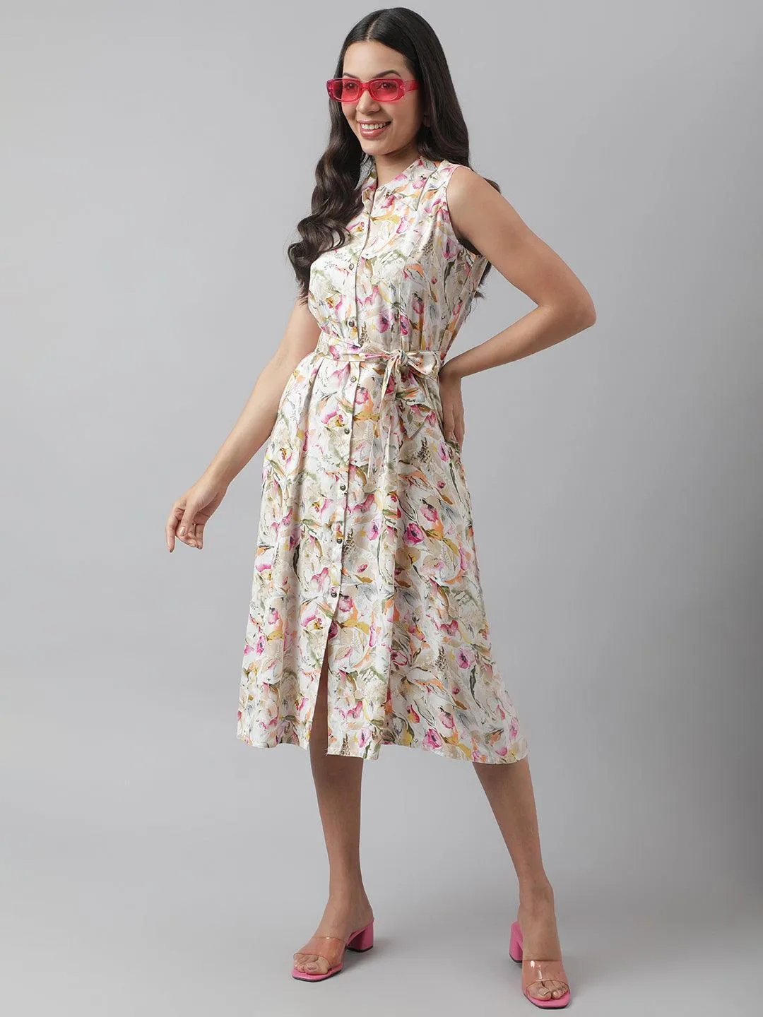 Jashvi Rayon Cream A-Line Floral Printed Midi Dress