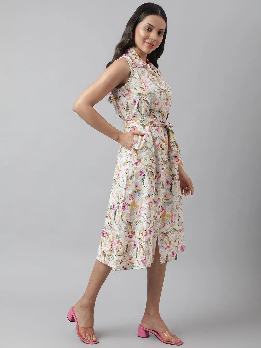 Jashvi Rayon Cream A-Line Floral Printed Midi Dress