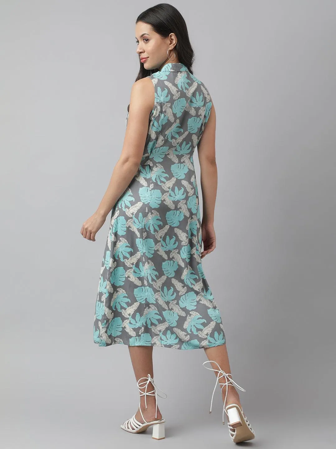 Jashvi Rayon Grey A-Line Floral Printed Midi Dress