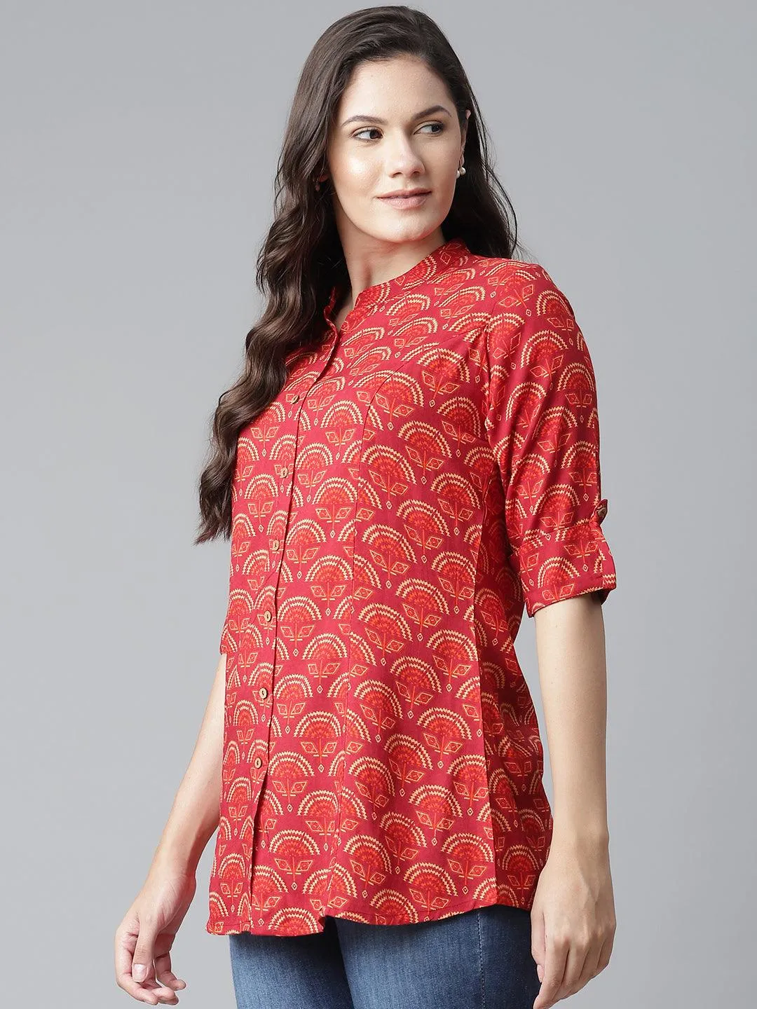 Jashvi Rayon Maroon Printed Shirt style A-line Top