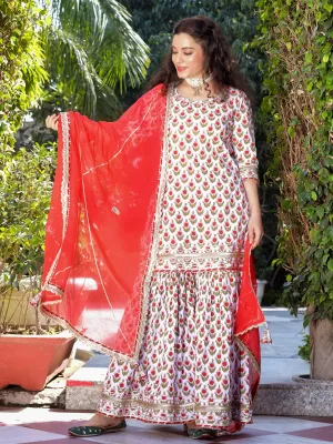 Jashvi Red & White Cotton Dabu Printed Kurta Sharara Set with Kota Doria Dupatta