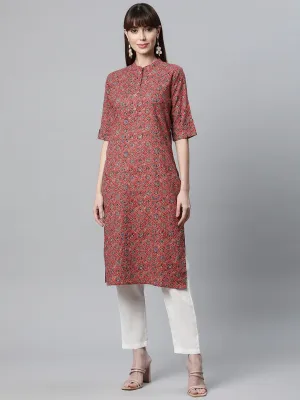 Jashvi Red and Blue Cotton Straight Kurta