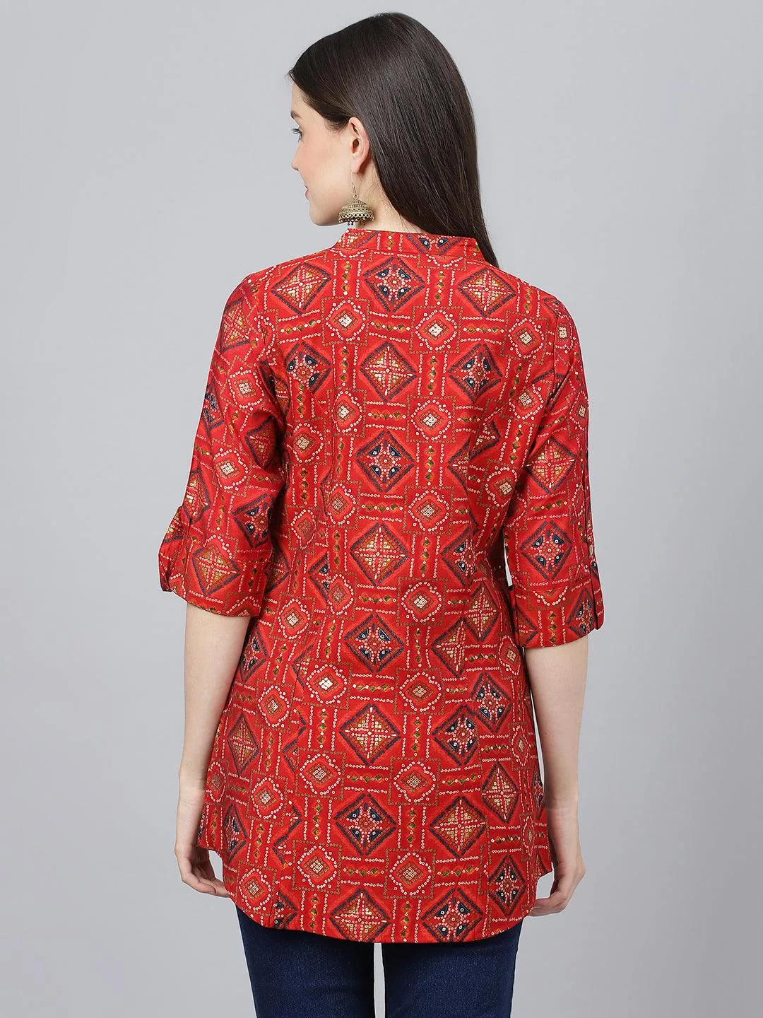 Jashvi Red Bandhani Printed Modal A-Line Shirts Style Top