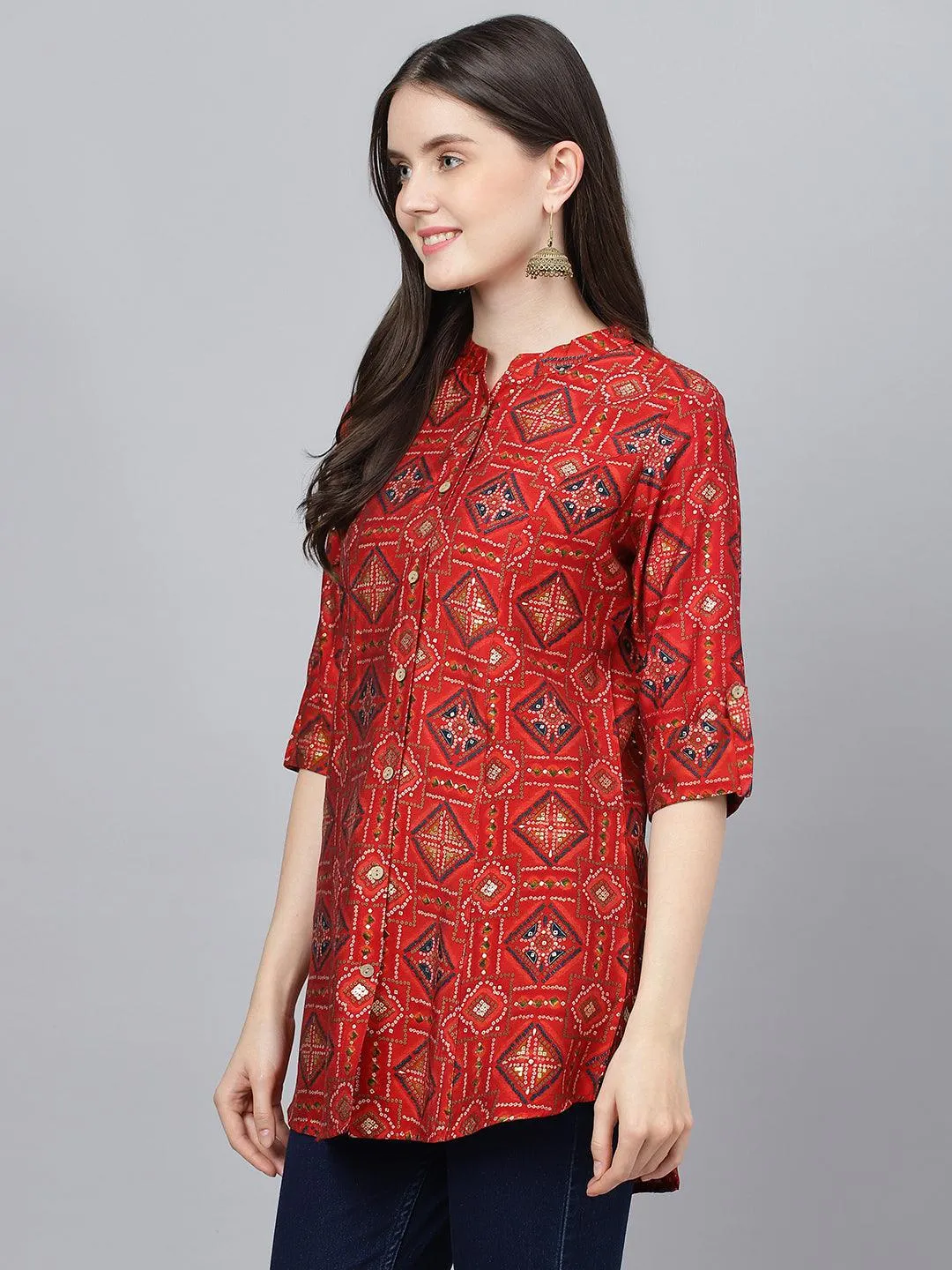 Jashvi Red Bandhani Printed Modal A-Line Shirts Style Top