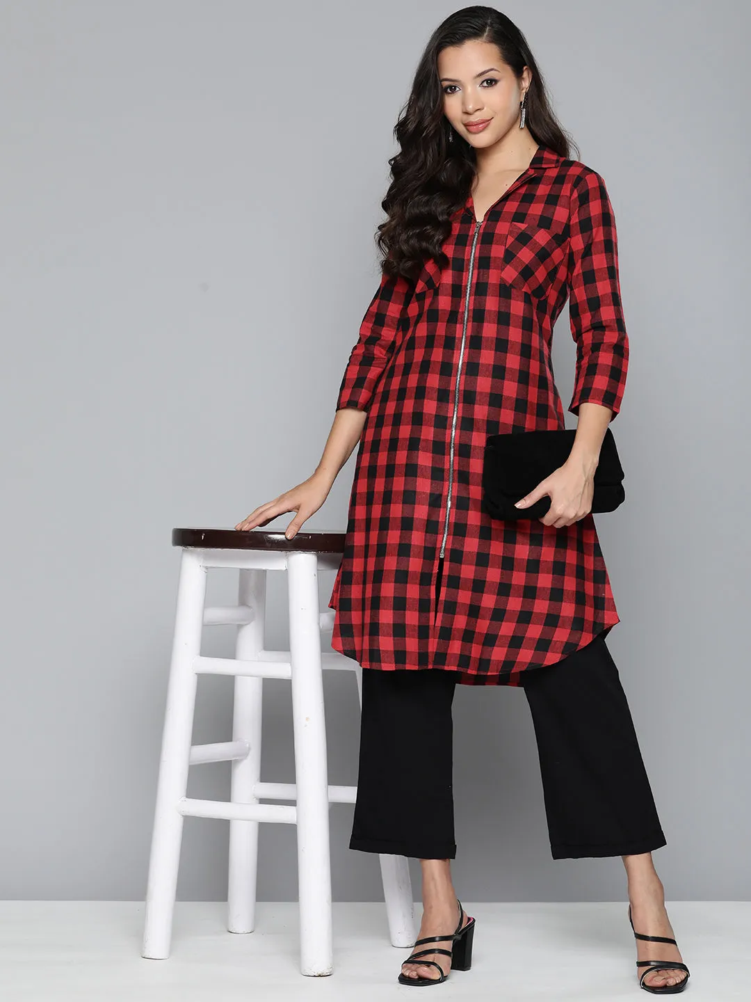 Jashvi Red-Black Checks Kurta