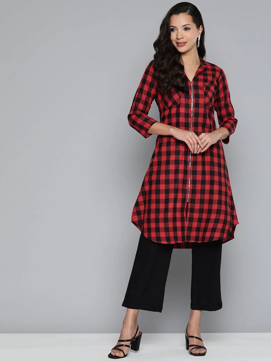 Jashvi Red-Black Checks Kurta