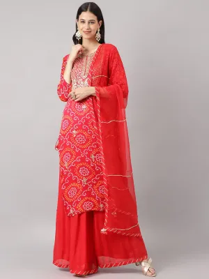 Jashvi Red Chinon Hand embroidery Kurta Sharara with chiffon dupatta